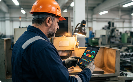 A maintenance technician completing a mobile equipment check beside dashboards summarising the frontline execution data captured