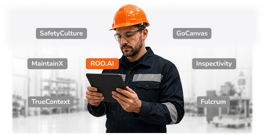 Frontline worker running a digital inspection on a tablet, surrounded by the platform names compared in this guide