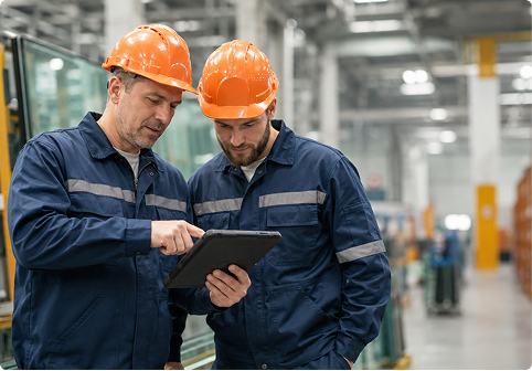 Two inspectors in hard hats working through a digital quality checklist on a tablet on the plant floor