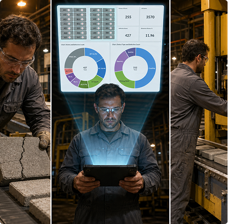 Frontline operators inspecting equipment alongside dashboards summarising the inspection data they capture