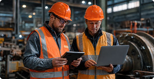 A frontline worker in a hard hat completing a guided safety inspection on a tablet, photographing a hazard on the plant floor