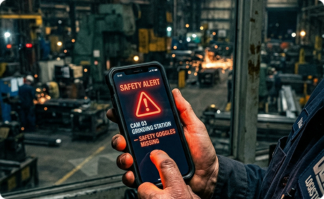 Two workers in high-visibility vests working through a digital safety checklist on a tablet beside running equipment