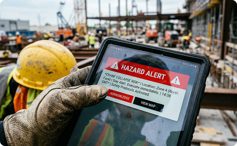 A supervisor reviewing hazard reports and corrective actions on a safety dashboard captured from frontline inspections
