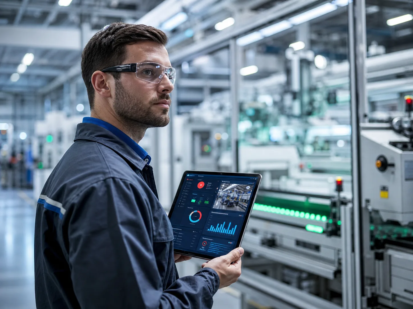 Frontline worker in safety glasses reviewing a quality dashboard on a tablet in a manufacturing plant