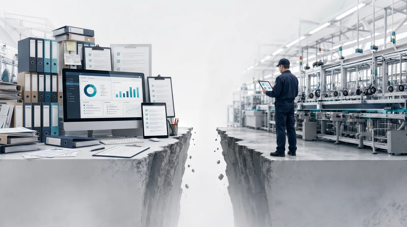 A chasm between an office desk stacked with quality documentation and a worker with a tablet on the factory floor