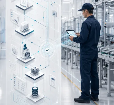 A vertical flow of digital quality workflow icons over a technician working on a production line