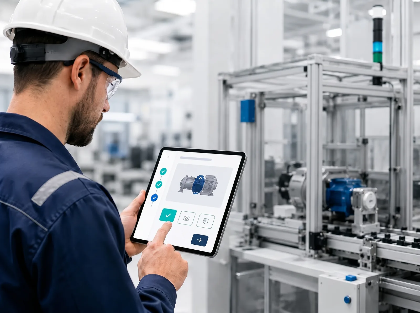 A worker in a hard hat completing a one-tap digital inspection on a tablet