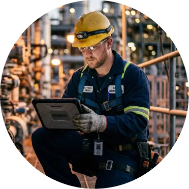Frontline worker in a hard hat capturing inspection data on a tablet