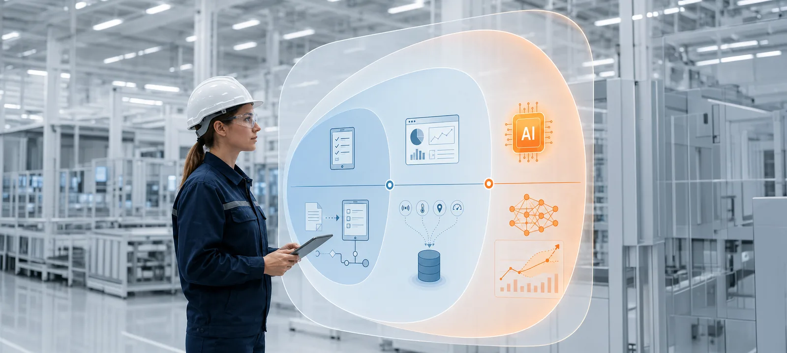 An engineer reviewing a translucent AI-assisted quality analytics panel on the factory floor