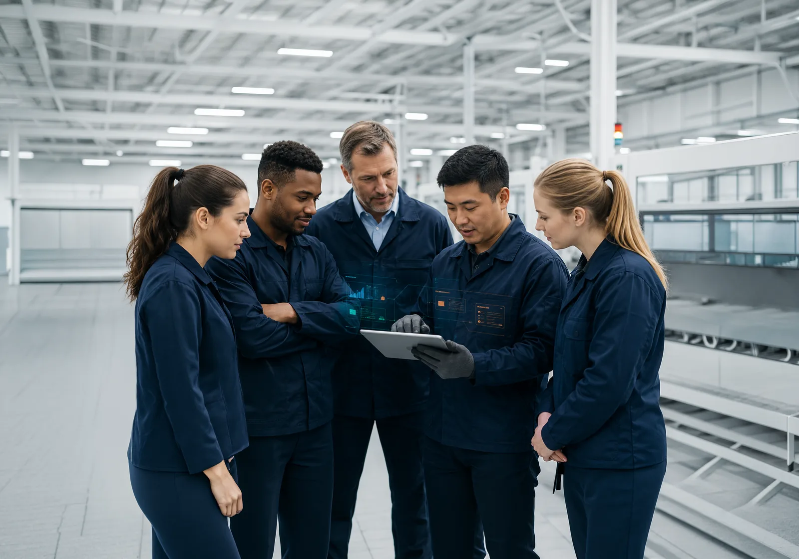 A team of frontline workers gathered around a tablet reviewing a digital quality workflow together